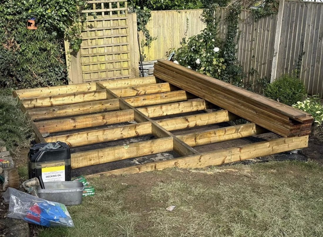 Completed timber decking base on ground screws